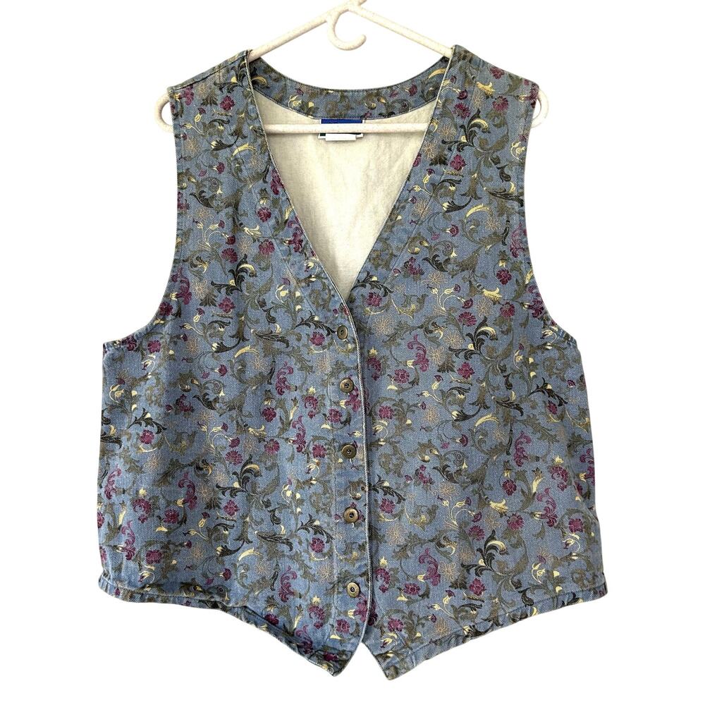 Vintage North Crest Floral Denim Vest Cottagecore Prairie Button up western  L